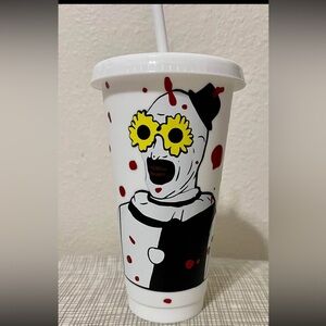 White Cup with Clown Terrifier Design and Red  blood splatter Accents